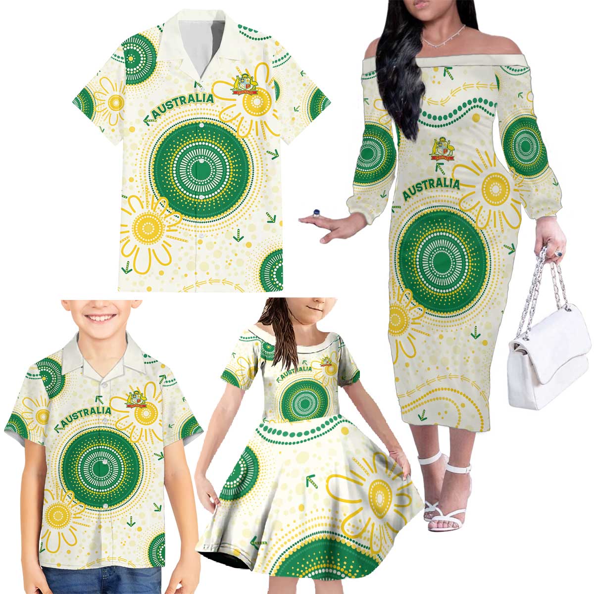 Custom Australia Cricket Family Matching Off The Shoulder Long Sleeve Dress and Hawaiian Shirt Aboriginal Pattern - Aussie Hoodie