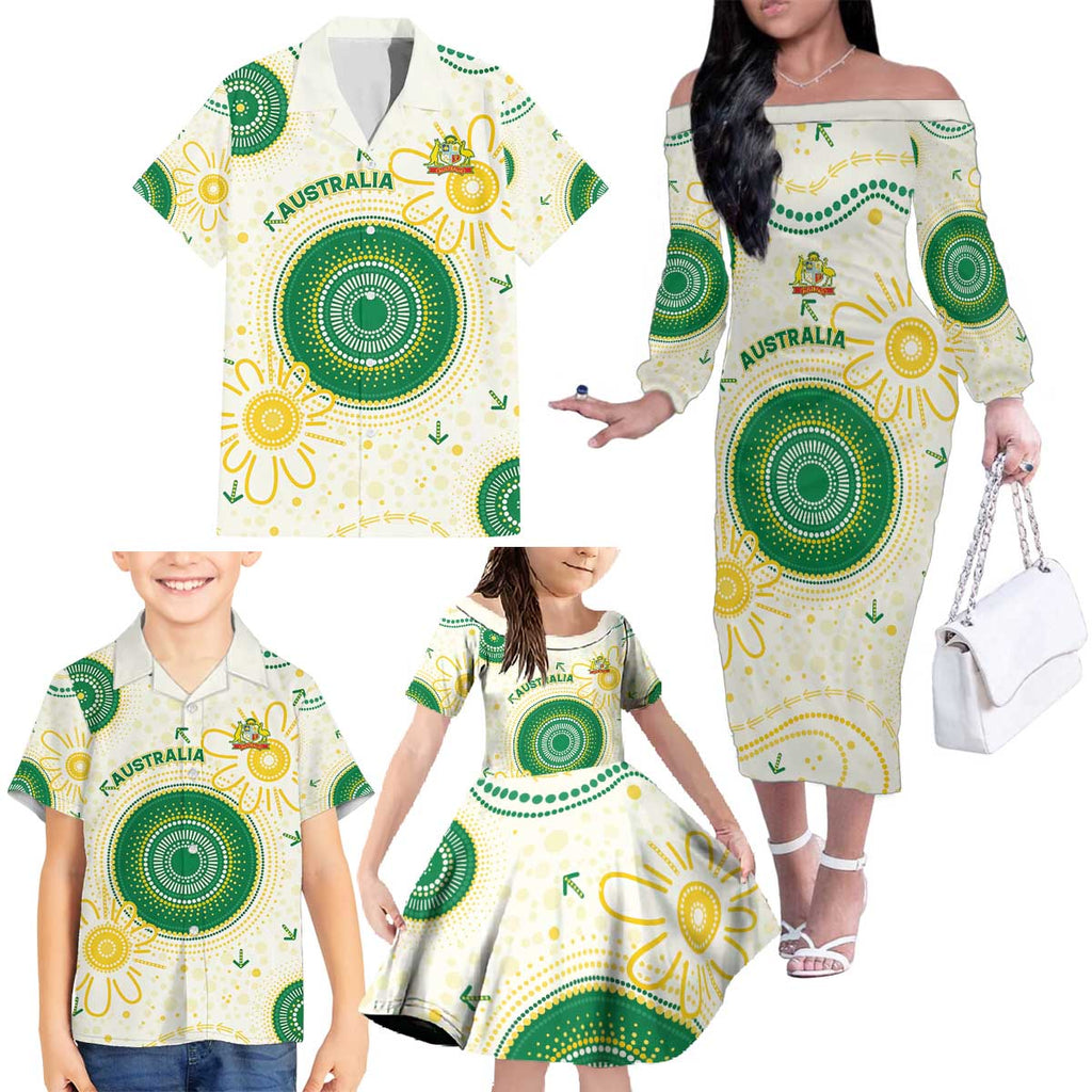 Custom Australia Cricket Family Matching Off The Shoulder Long Sleeve Dress and Hawaiian Shirt Aboriginal Pattern - Aussie Hoodie