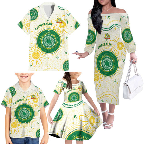 Custom Australia Cricket Family Matching Off The Shoulder Long Sleeve Dress and Hawaiian Shirt Aboriginal Pattern - Aussie Hoodie