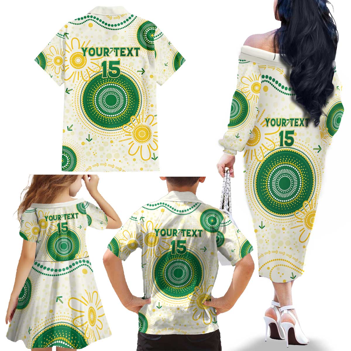 Custom Australia Cricket Family Matching Off The Shoulder Long Sleeve Dress and Hawaiian Shirt Aboriginal Pattern - Aussie Hoodie