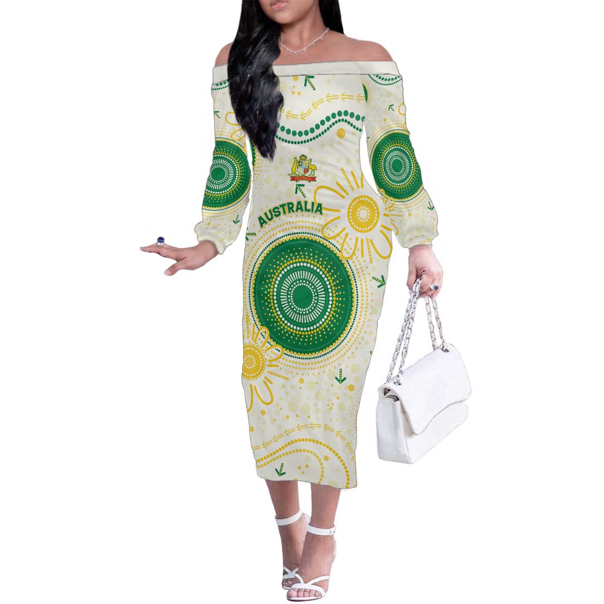 Custom Australia Cricket Family Matching Off The Shoulder Long Sleeve Dress and Hawaiian Shirt Aboriginal Pattern - Aussie Hoodie