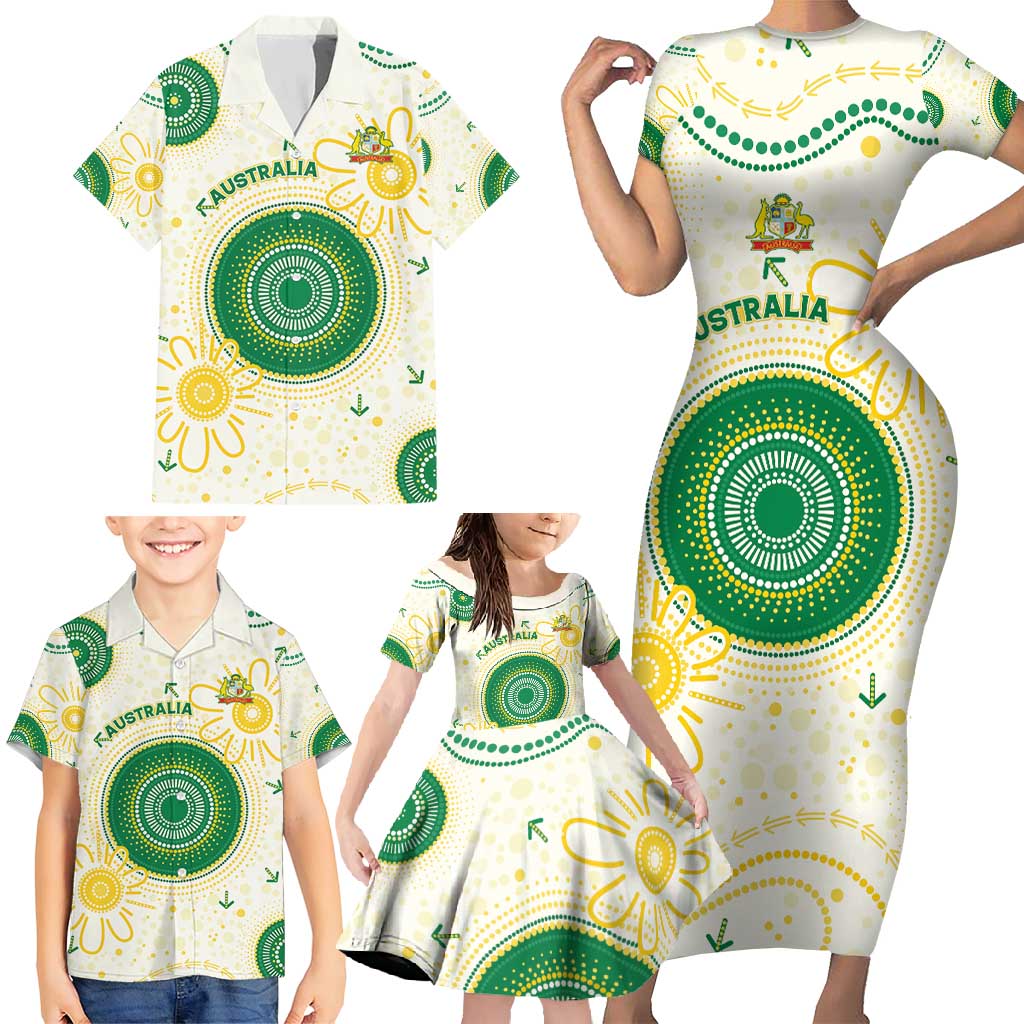Custom Australia Cricket Family Matching Short Sleeve Bodycon Dress and Hawaiian Shirt Aboriginal Pattern - Aussie Hoodie