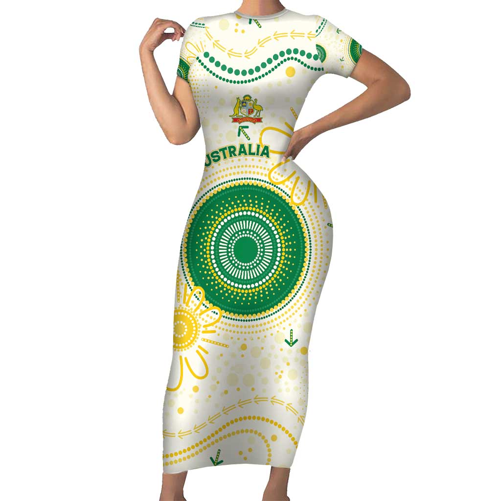 Custom Australia Cricket Family Matching Short Sleeve Bodycon Dress and Hawaiian Shirt Aboriginal Pattern - Aussie Hoodie