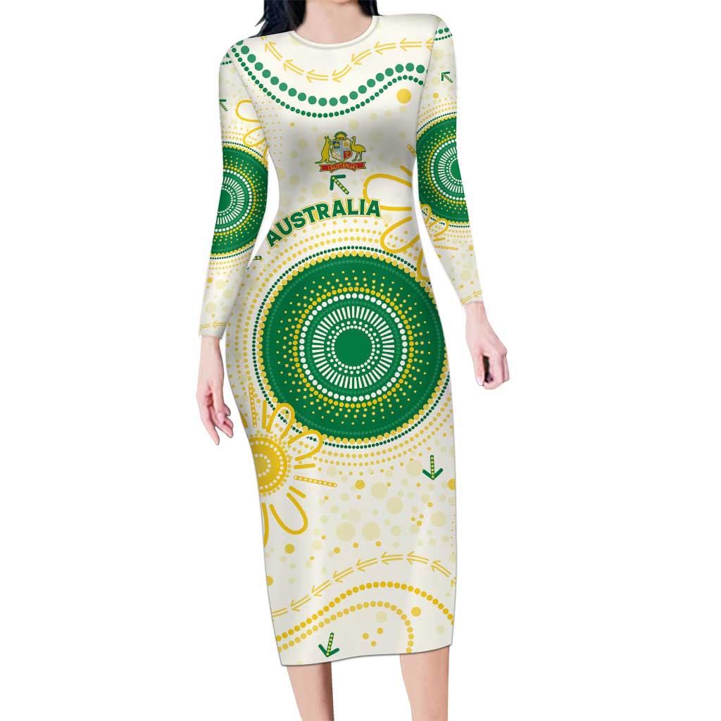Custom Australia Cricket Long Sleeve Bodycon Dress Aboriginal Pattern - Aussie Hoodie
