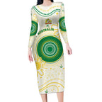Custom Australia Cricket Long Sleeve Bodycon Dress Aboriginal Pattern - Aussie Hoodie
