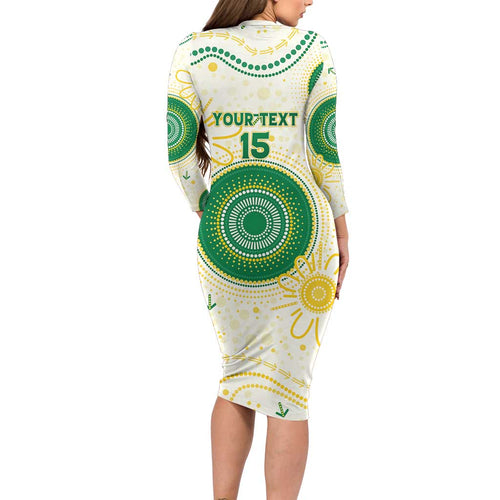 Custom Australia Cricket Long Sleeve Bodycon Dress Aboriginal Pattern - Aussie Hoodie