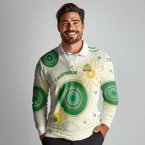 Custom Australia Cricket Long Sleeve Polo Shirt Aboriginal Pattern - Aussie Hoodie