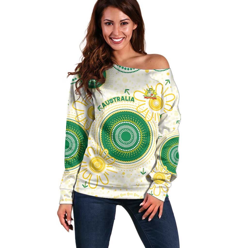 Custom Australia Cricket Off Shoulder Sweater Aboriginal Pattern - Aussie Hoodie