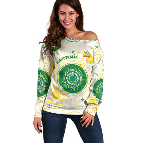 Custom Australia Cricket Off Shoulder Sweater Aboriginal Pattern - Aussie Hoodie