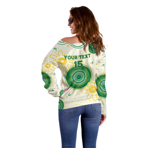 Custom Australia Cricket Off Shoulder Sweater Aboriginal Pattern - Aussie Hoodie