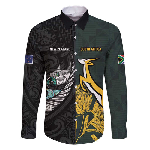 New Zealand and South Africa Rugby Custom Family Matching Off The Shoulder Long Sleeve Dress and Hawaiian Shirt Silver Fern With Springboks