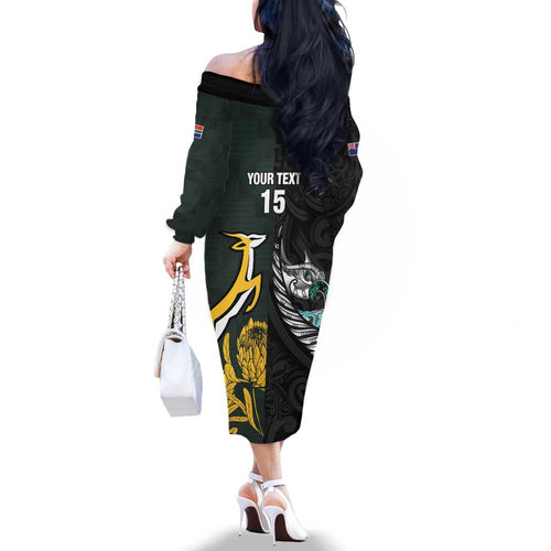New Zealand and South Africa Rugby Custom Family Matching Off The Shoulder Long Sleeve Dress and Hawaiian Shirt Silver Fern With Springboks