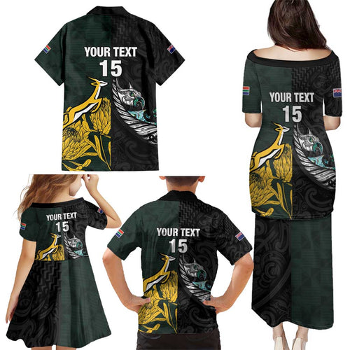 New Zealand and South Africa Rugby Custom Family Matching Puletasi and Hawaiian Shirt Silver Fern With Springboks