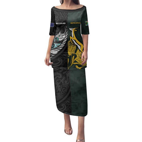 New Zealand and South Africa Rugby Custom Family Matching Puletasi and Hawaiian Shirt Silver Fern With Springboks