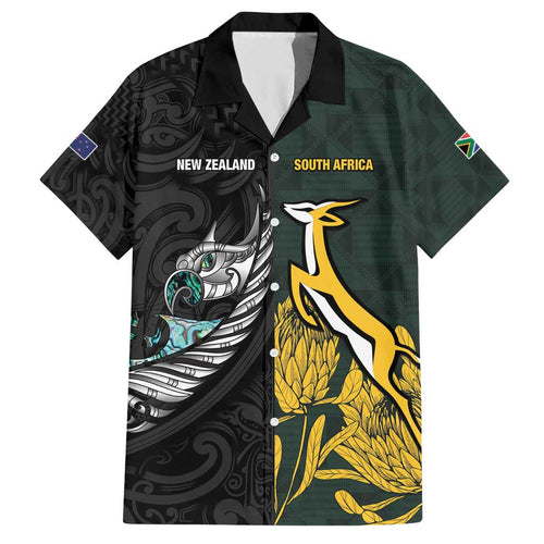 New Zealand and South Africa Rugby Custom Family Matching Short Sleeve Bodycon Dress and Hawaiian Shirt Silver Fern With Springboks