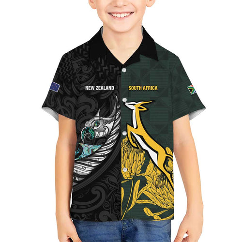 New Zealand and South Africa Rugby Custom Hawaiian Shirt Silver Fern With Springboks
