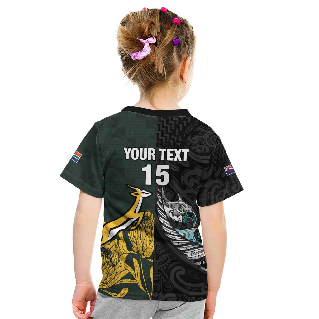 New Zealand and South Africa Rugby Custom Kid T Shirt Silver Fern With Springboks