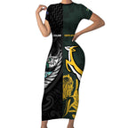 New Zealand and South Africa Rugby Custom Short Sleeve Bodycon Dress Silver Fern With Springboks