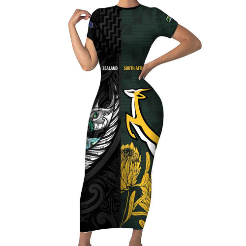 New Zealand and South Africa Rugby Custom Short Sleeve Bodycon Dress Silver Fern With Springboks