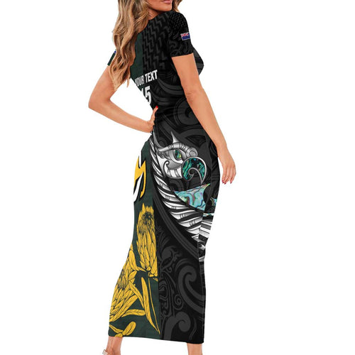 New Zealand and South Africa Rugby Custom Short Sleeve Bodycon Dress Silver Fern With Springboks