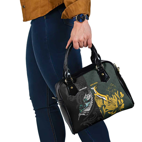 New Zealand and South Africa Rugby Shoulder Handbag Silver Fern With Springboks