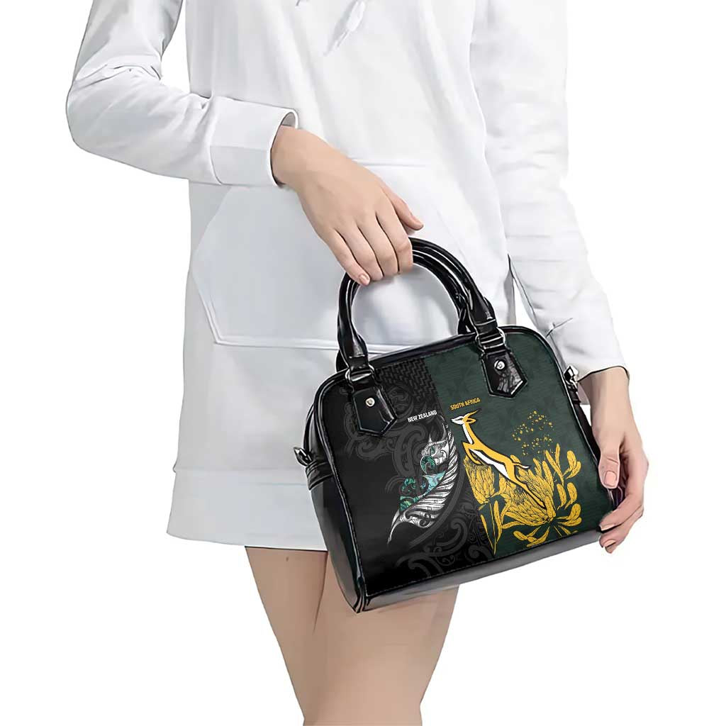 New Zealand and South Africa Rugby Shoulder Handbag Silver Fern With Springboks