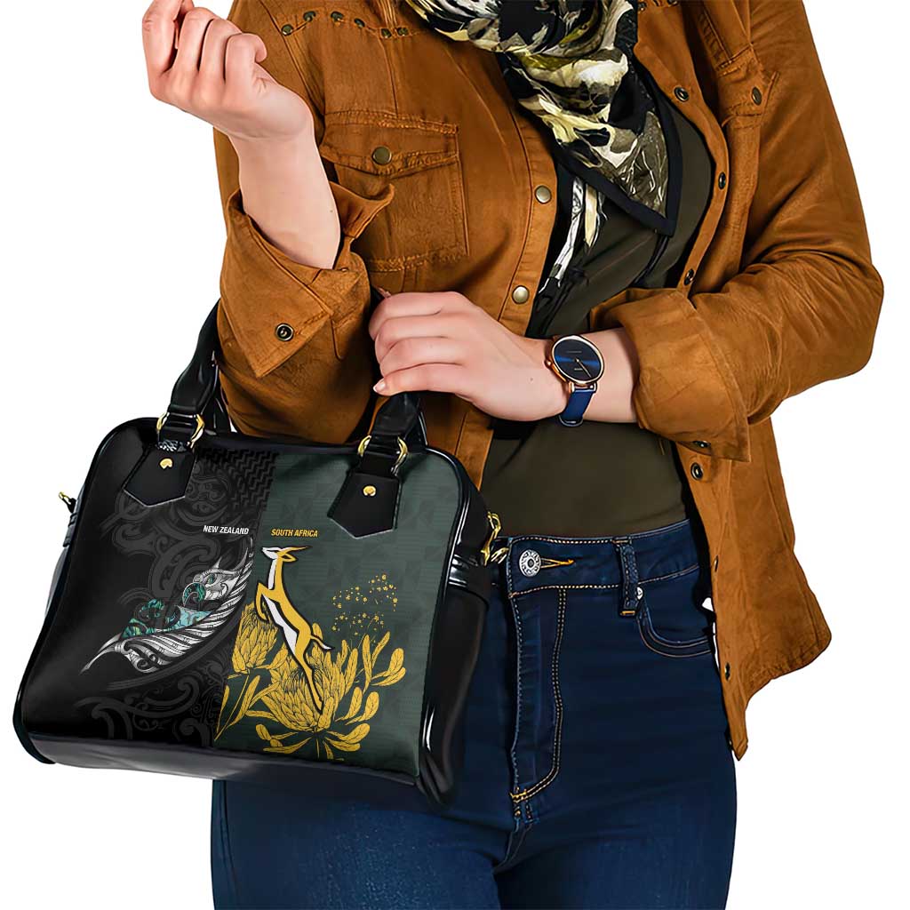 New Zealand and South Africa Rugby Shoulder Handbag Silver Fern With Springboks