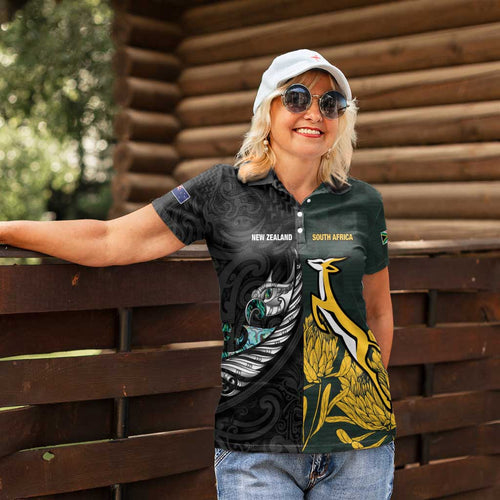 New Zealand and South Africa Rugby Custom Women Polo Shirt Silver Fern With Springboks