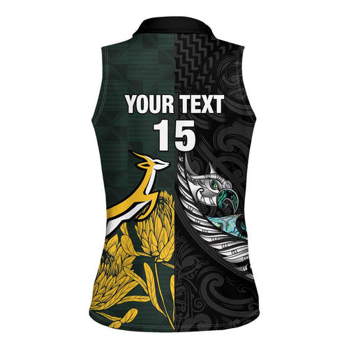 New Zealand and South Africa Rugby Custom Women Sleeveless Polo Shirt Silver Fern With Springboks