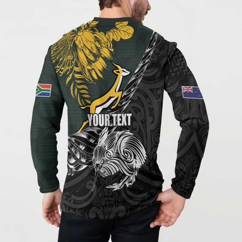 New Zealand and South Africa Rugby Personalised Button Sweatshirt Maori Kiwi With Springboks