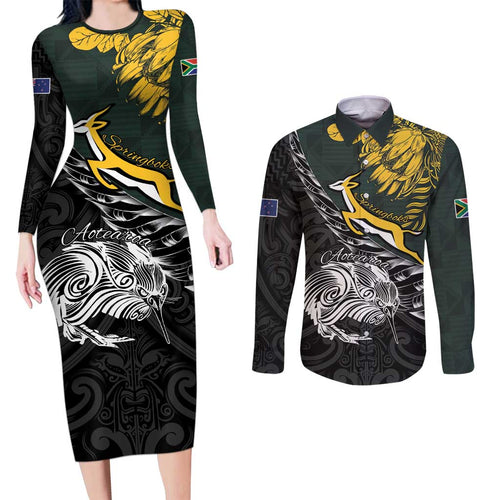 New Zealand and South Africa Rugby Personalised Couples Matching Long Sleeve Bodycon Dress and Long Sleeve Button Shirt Maori Kiwi With Springboks