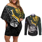 New Zealand and South Africa Rugby Personalised Couples Matching Off Shoulder Short Dress and Long Sleeve Button Shirt Maori Kiwi With Springboks