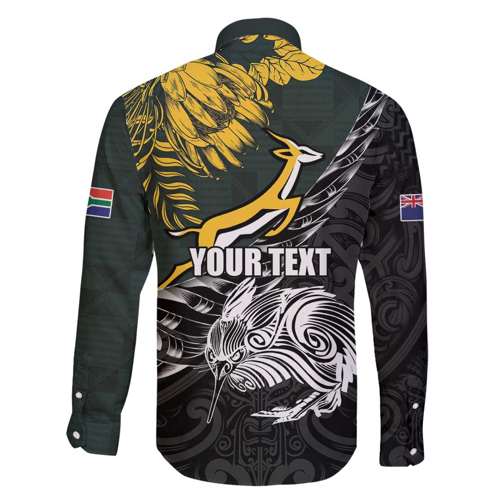 New Zealand and South Africa Rugby Personalised Family Matching Long Sleeve Bodycon Dress and Hawaiian Shirt Maori Kiwi With Springboks
