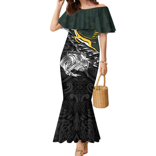 New Zealand and South Africa Rugby Personalised Family Matching Mermaid Dress and Hawaiian Shirt Maori Kiwi With Springboks