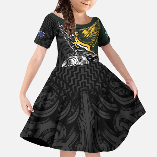 New Zealand and South Africa Rugby Personalised Family Matching Off The Shoulder Long Sleeve Dress and Hawaiian Shirt Maori Kiwi With Springboks