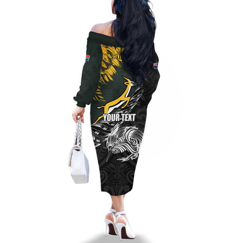 New Zealand and South Africa Rugby Personalised Family Matching Off The Shoulder Long Sleeve Dress and Hawaiian Shirt Maori Kiwi With Springboks