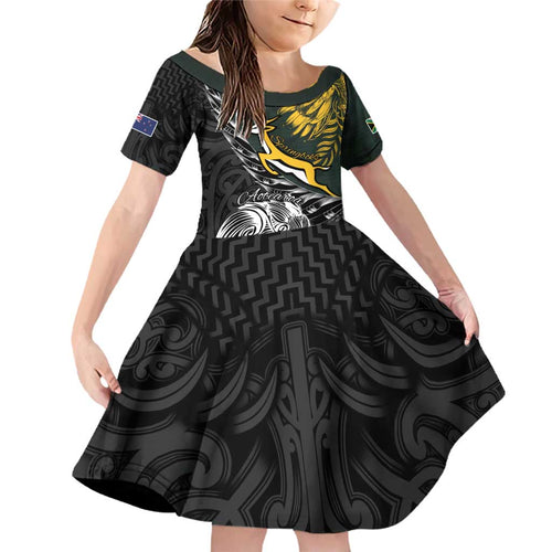New Zealand and South Africa Rugby Personalised Family Matching Off Shoulder Short Dress and Hawaiian Shirt Maori Kiwi With Springboks