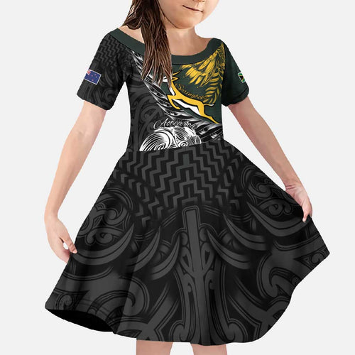New Zealand and South Africa Rugby Personalised Family Matching Short Sleeve Bodycon Dress and Hawaiian Shirt Maori Kiwi With Springboks