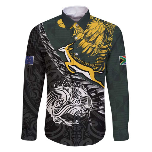 New Zealand and South Africa Rugby Personalised Family Matching Tank Maxi Dress and Hawaiian Shirt Maori Kiwi With Springboks