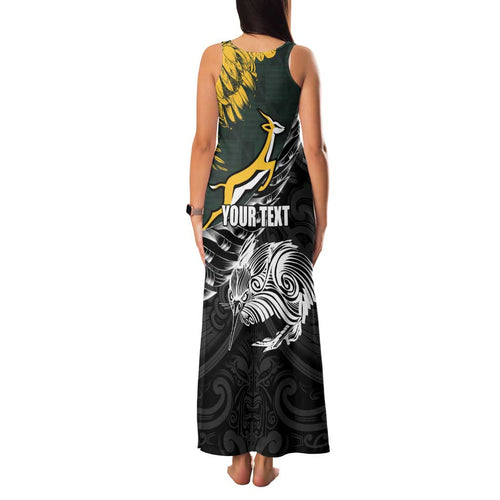 New Zealand and South Africa Rugby Personalised Family Matching Tank Maxi Dress and Hawaiian Shirt Maori Kiwi With Springboks