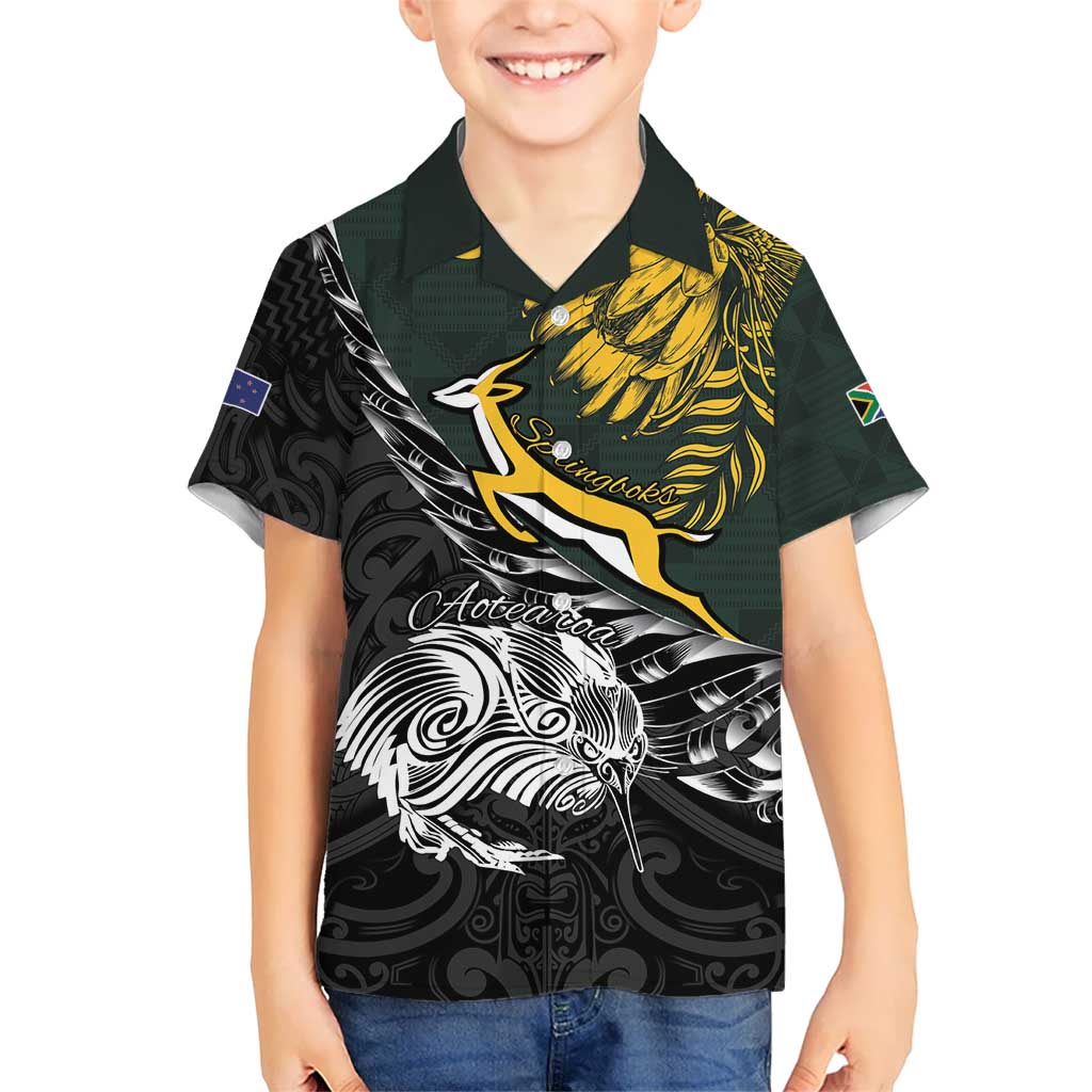 New Zealand and South Africa Rugby Personalised Hawaiian Shirt Maori Kiwi With Springboks