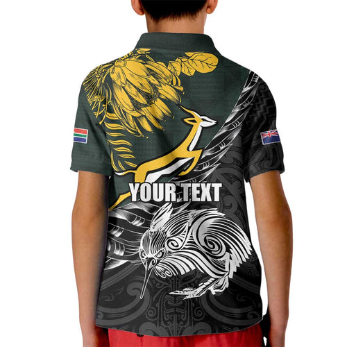 New Zealand and South Africa Rugby Personalised Kid Polo Shirt Maori Kiwi With Springboks