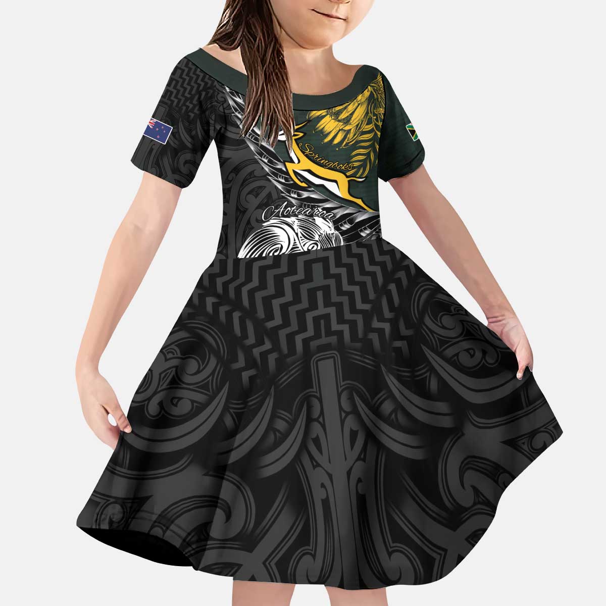 New Zealand and South Africa Rugby Personalised Kid Short Sleeve Dress Maori Kiwi With Springboks