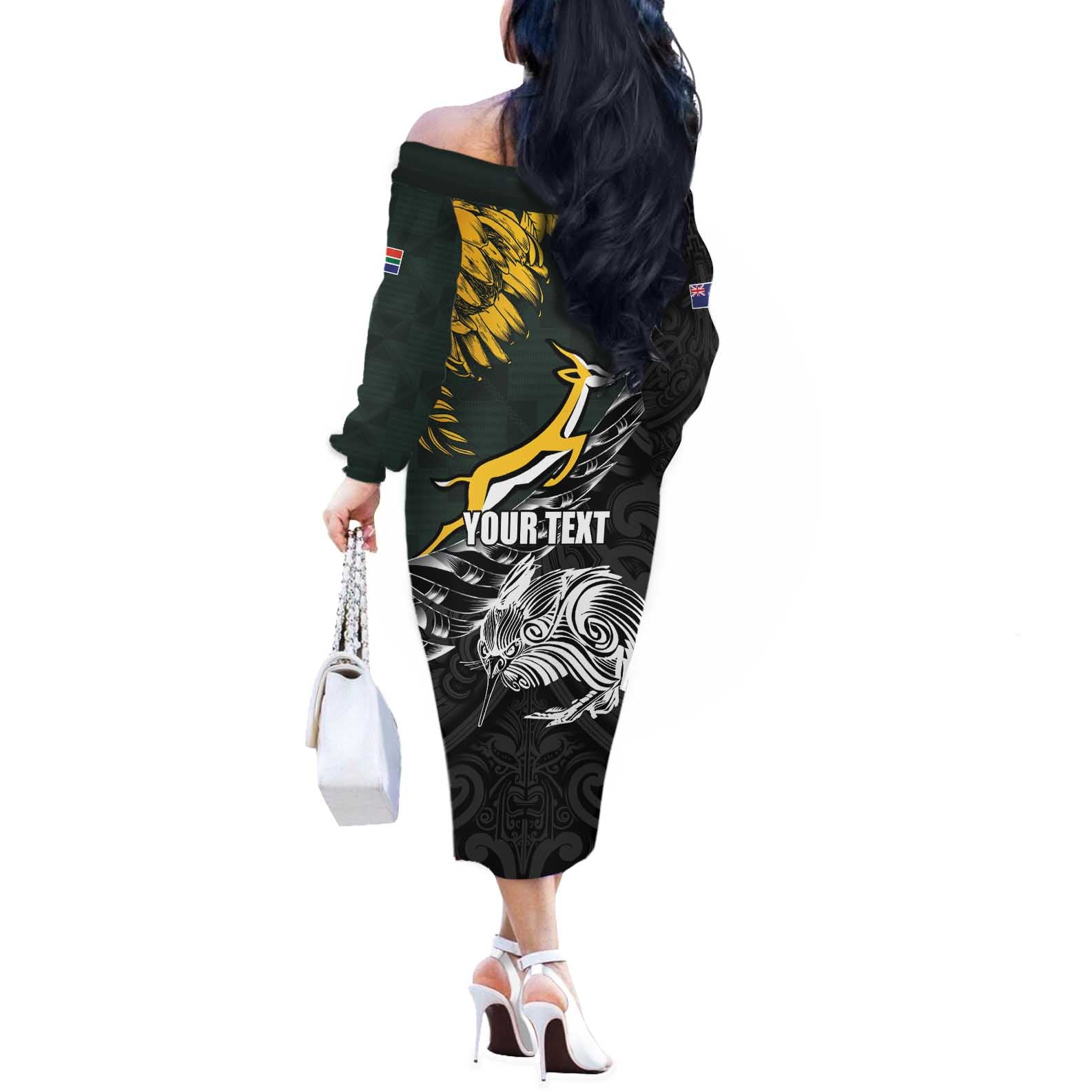 New Zealand and South Africa Rugby Personalised Off The Shoulder Long Sleeve Dress Maori Kiwi With Springboks