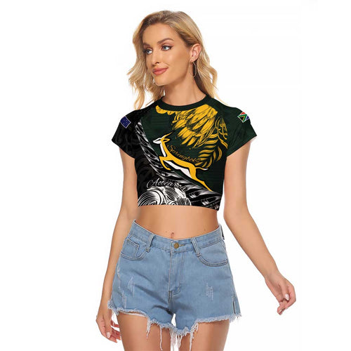 New Zealand and South Africa Rugby Personalised Raglan Cropped T Shirt Maori Kiwi With Springboks