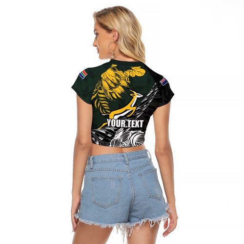 New Zealand and South Africa Rugby Personalised Raglan Cropped T Shirt Maori Kiwi With Springboks