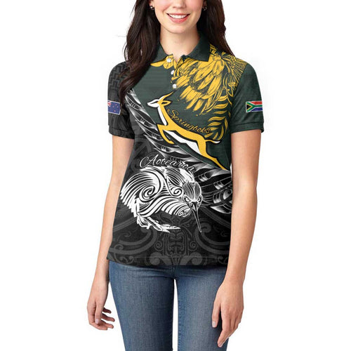 New Zealand and South Africa Rugby Personalised Women Polo Shirt Maori Kiwi With Springboks