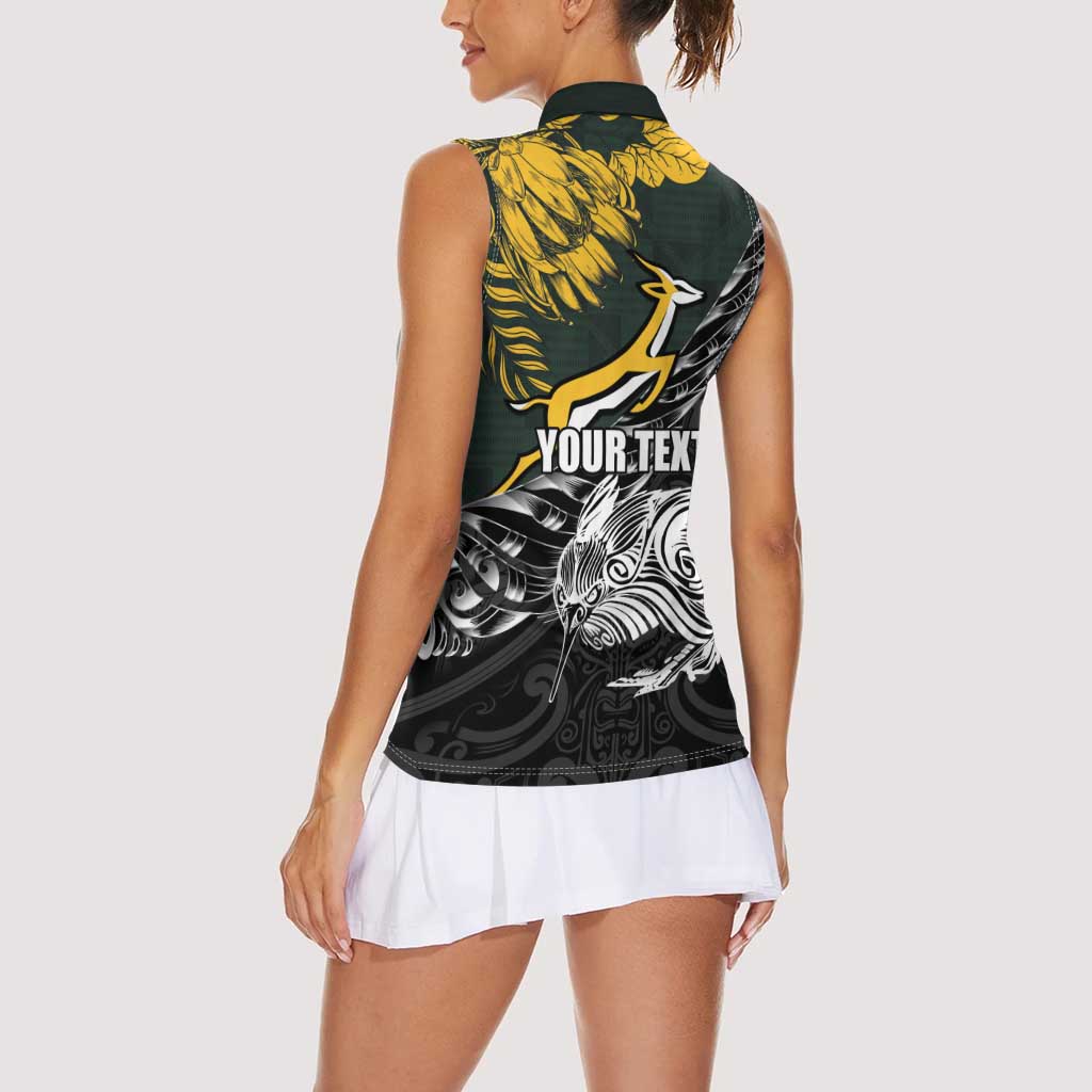 New Zealand and South Africa Rugby Personalised Women Sleeveless Polo Shirt Maori Kiwi With Springboks
