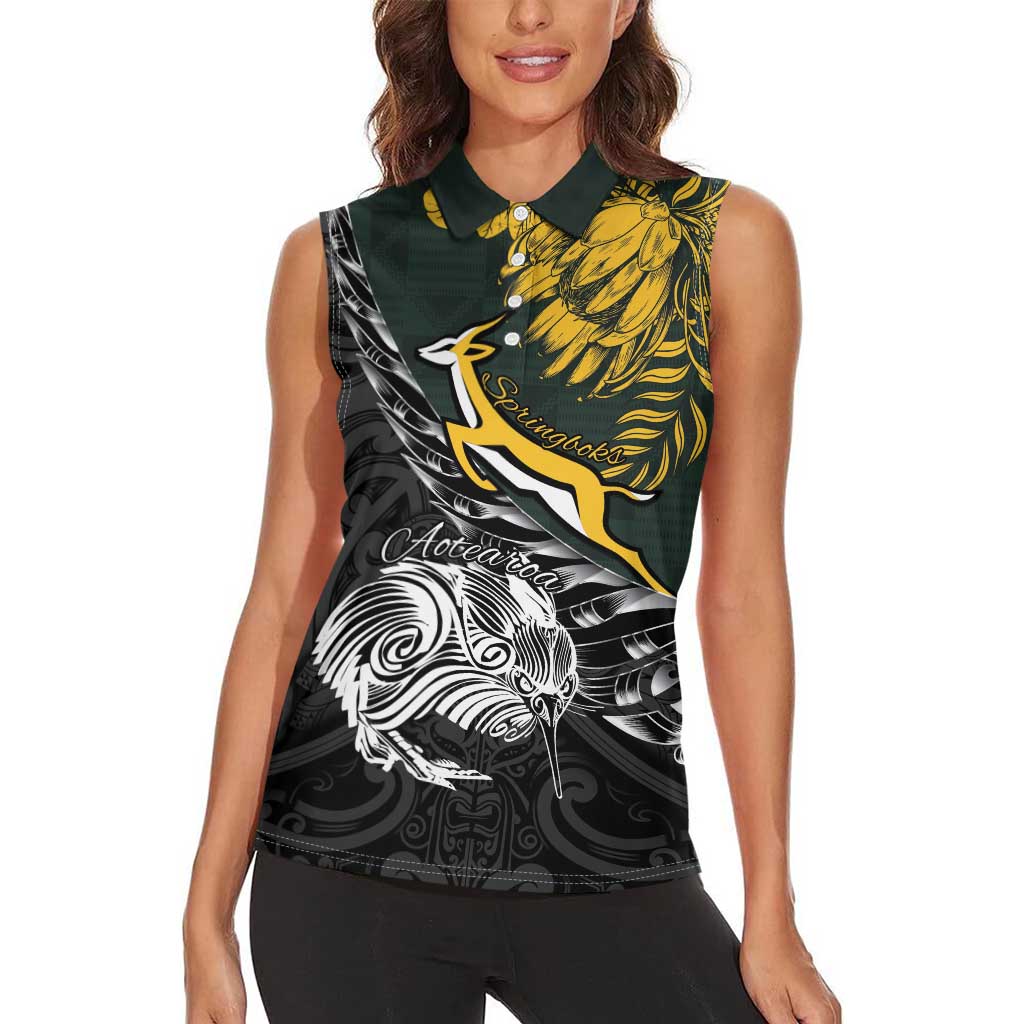 New Zealand and South Africa Rugby Personalised Women Sleeveless Polo Shirt Maori Kiwi With Springboks