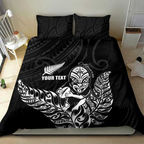 New Zealand Silver Fern Rugby Custom Bedding Set Maori Tiki Black Version